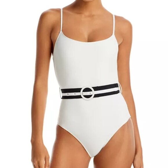 Solid & Striped Nina Belted Striped One Piece Swimsuit Size L Cream - Picture 1 of 2